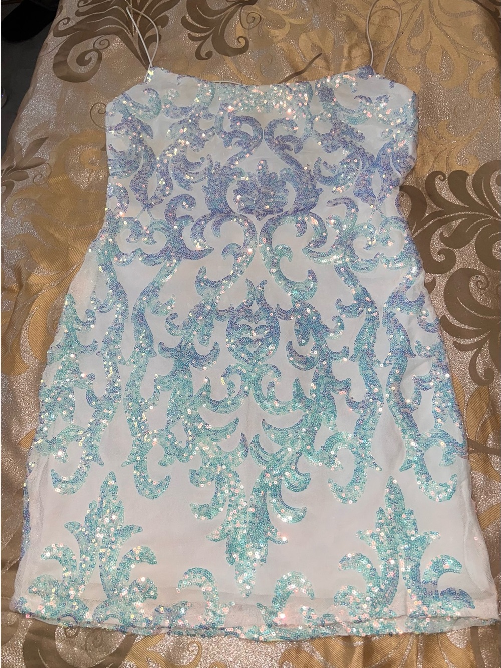 Windsor Iredescent Blue Sequin Damask Bodycon Mini Dress L